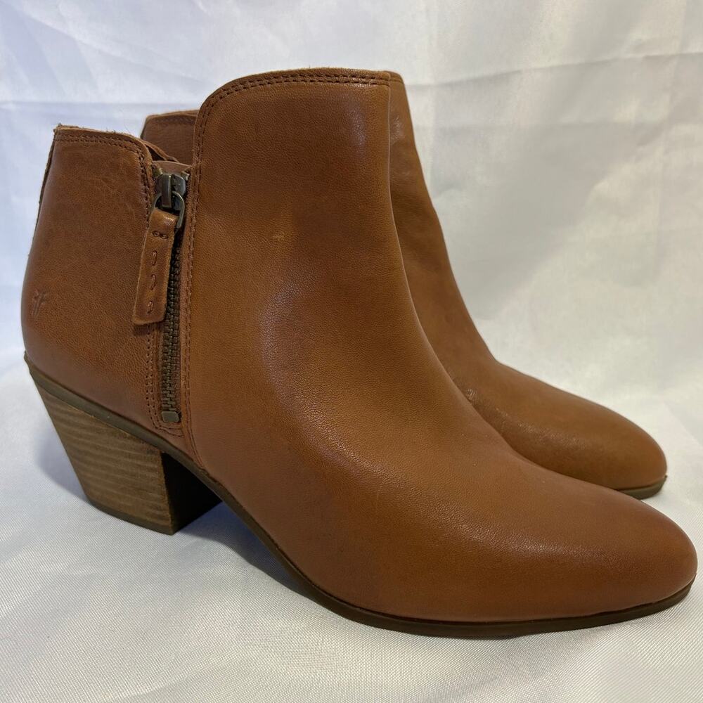 Frye Judith Double Zip Cognac Brown Leather Ankle Boots Women's 10